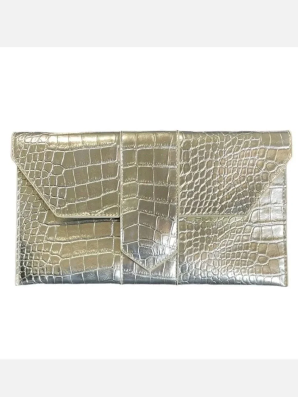 JJ Winters Nikki Oversized Clutch Handbag Vegan Faux Croc Purse Platinum